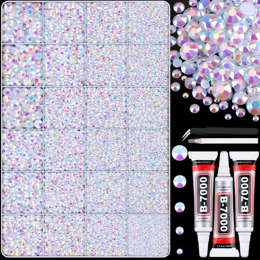 30000Pcs Resin White AB Rhinestones for Bedazzling Crafting with b7000 Jewelry Glue, Bulk Flatback Gems Bedazzler Kit for Crafts Clothes Shoes Fabric Nail Diamond Art, Assorted Size 2/3/4/5/6mm