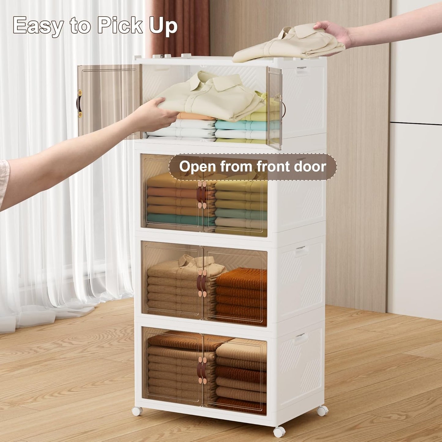 JOYMOOP Folding Storage Bins Organizer, 336 Quart Collapsible Storage Boxes with Wheels and Door, Stackble Plastic Storage Container for Clothing, Books and Sundries (XXL, 21 Gal Per, 4 Tiers)