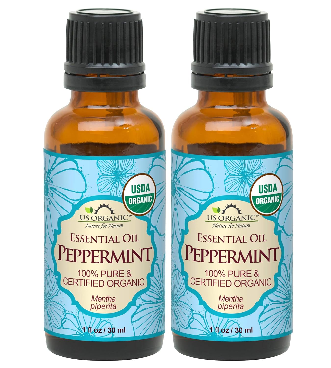 US Organic 100% Pure Peppermint Essential Oil - USDA Certified Organic - 30 ml Pack of 2 - w/Improved caps and droppers (More Size Variations Available)