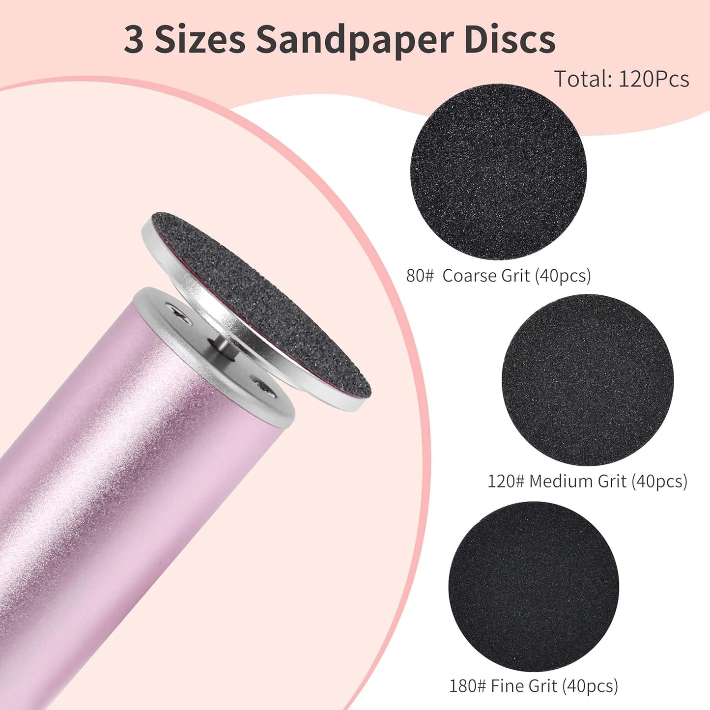 Rechargeable Electric Foot Callus Remover with 3-Sizes 120Pcs Sandpaper Discs, Professional 900RPM 3-Speed Control Aluminum Electric Foot File with Adapter Cable (E3 Rose Pink)
