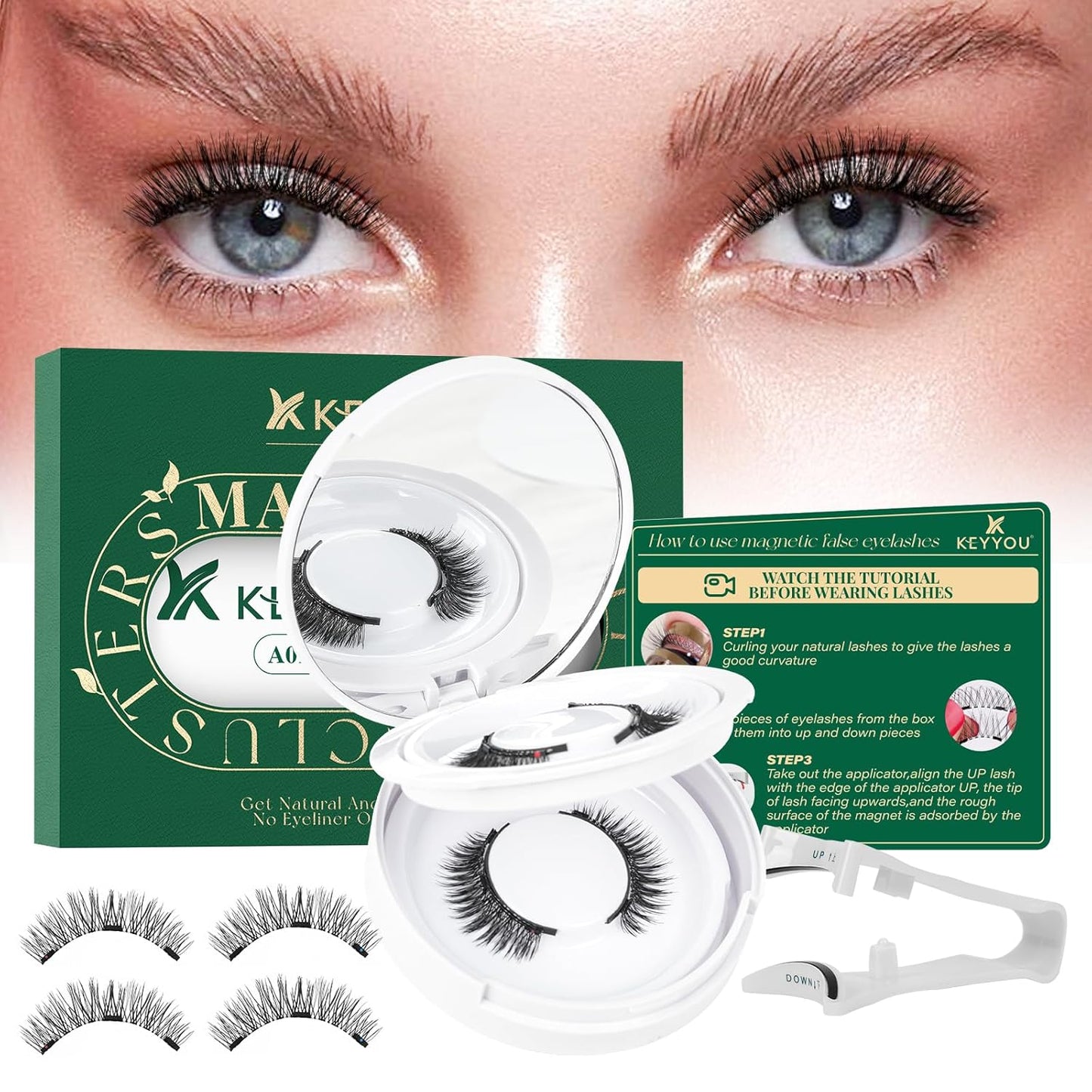KEYYOU Reusable Magnetic Eyelashes 2 Pair with Applicator No Glue Needed 3D Natural Magnetic Lashes, Easy to Apply & Long Lasting for Daily Use & Events(A01+A01)