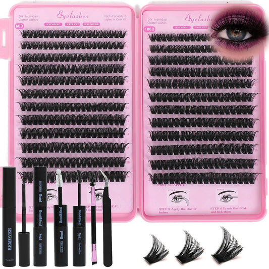 Lash Clusters Kit, Eyelash Clusters Individual Lash Extension Kit 480 Pcs D Curl Fluffy Wispy False Eyelashes Extensions Thin Band with Bond Seal Tweezers Brush Remover (80D+100D Kit 9-16mm)