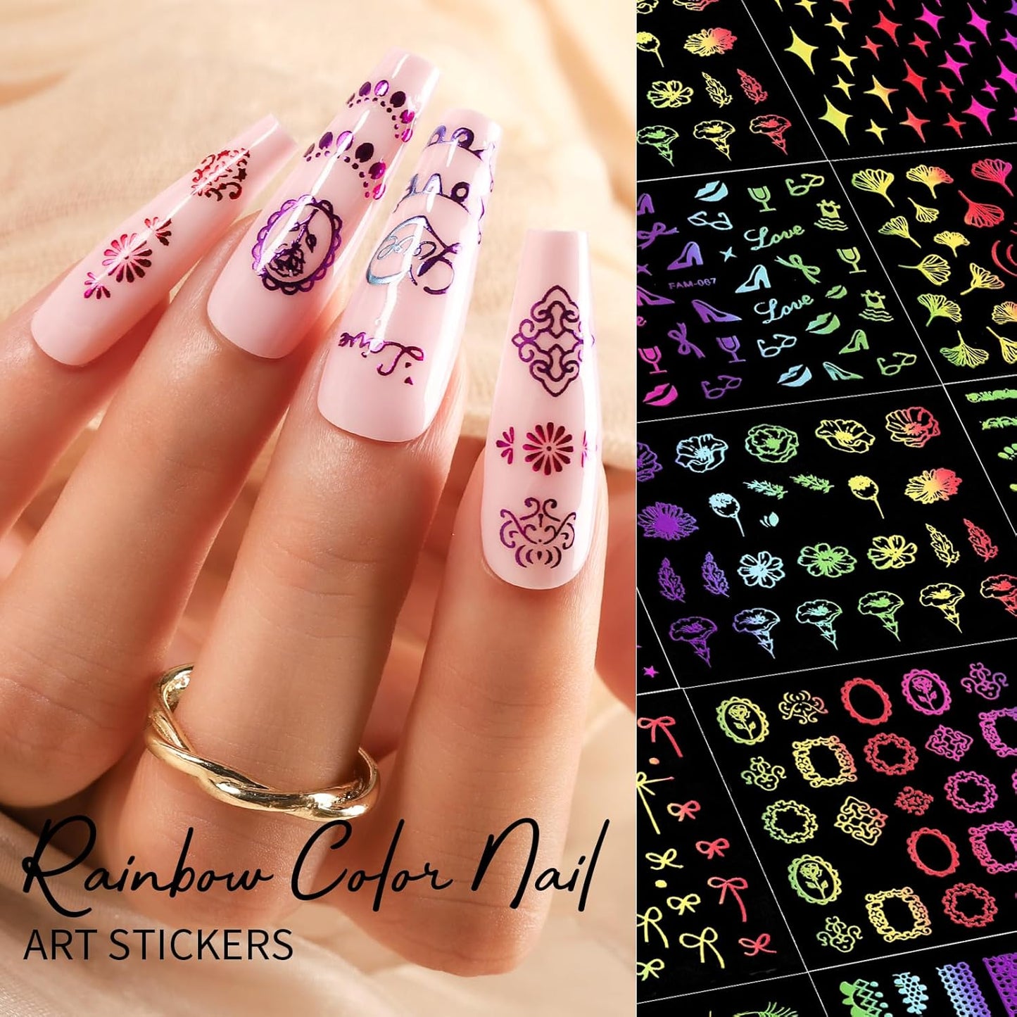 Teenitor 50 Sheets Nail Art Stickers, Rainbow Nail Stickers for Nail Art Nail Decals for Kids, Women, Fingernail in Halloween Christmas, Nail Supplies