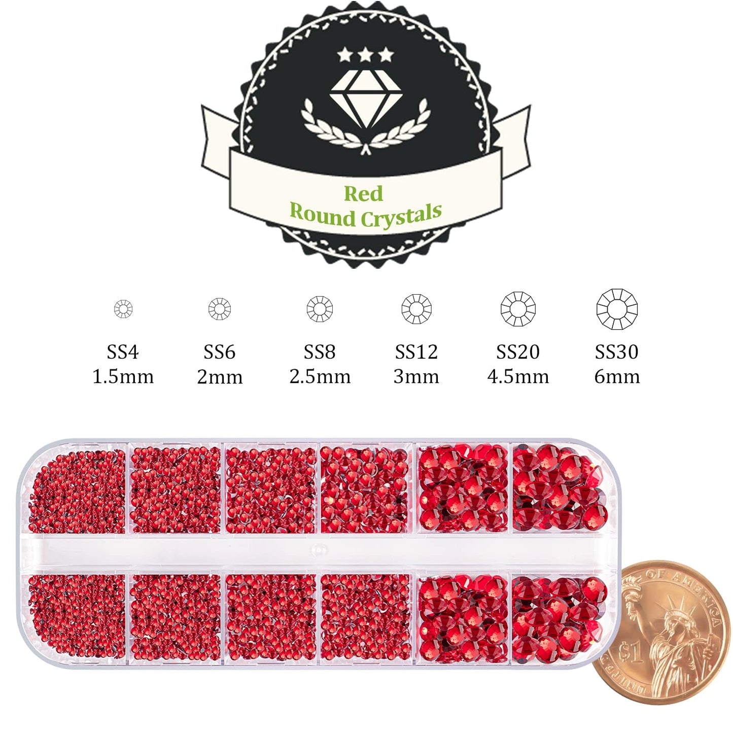 One Pack 2000 Pcs of Flatback Round Red Rhinestones 6 Sizes (1.5-6 mm) with Nail Art Rhinestone Picker Pencil and Tweezers for DIY and Salon Use