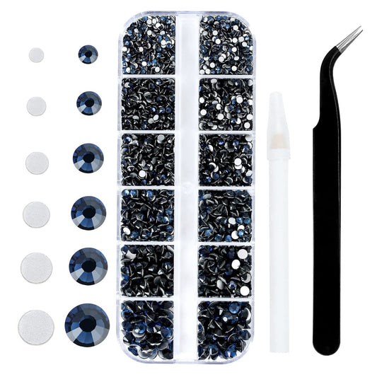 4240Pcs Shiny Black Flatback Rhinestones 6 Sizes Crystal Diamonds for Nail Art Crafts Clothes Shoes with Tweezers and Picking Pen