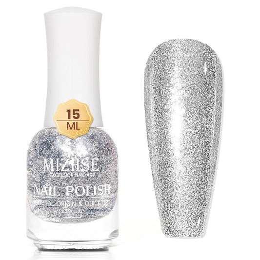 MIZHSE Quick Dry Glitter Nail Polish, Silver Nail Polish Air Dry Fast, 15ml 0.5 fl oz High Glossy Sparkle Shiny Shimmery Chrome Nail Pigment Nail Art Salon Manicure Home