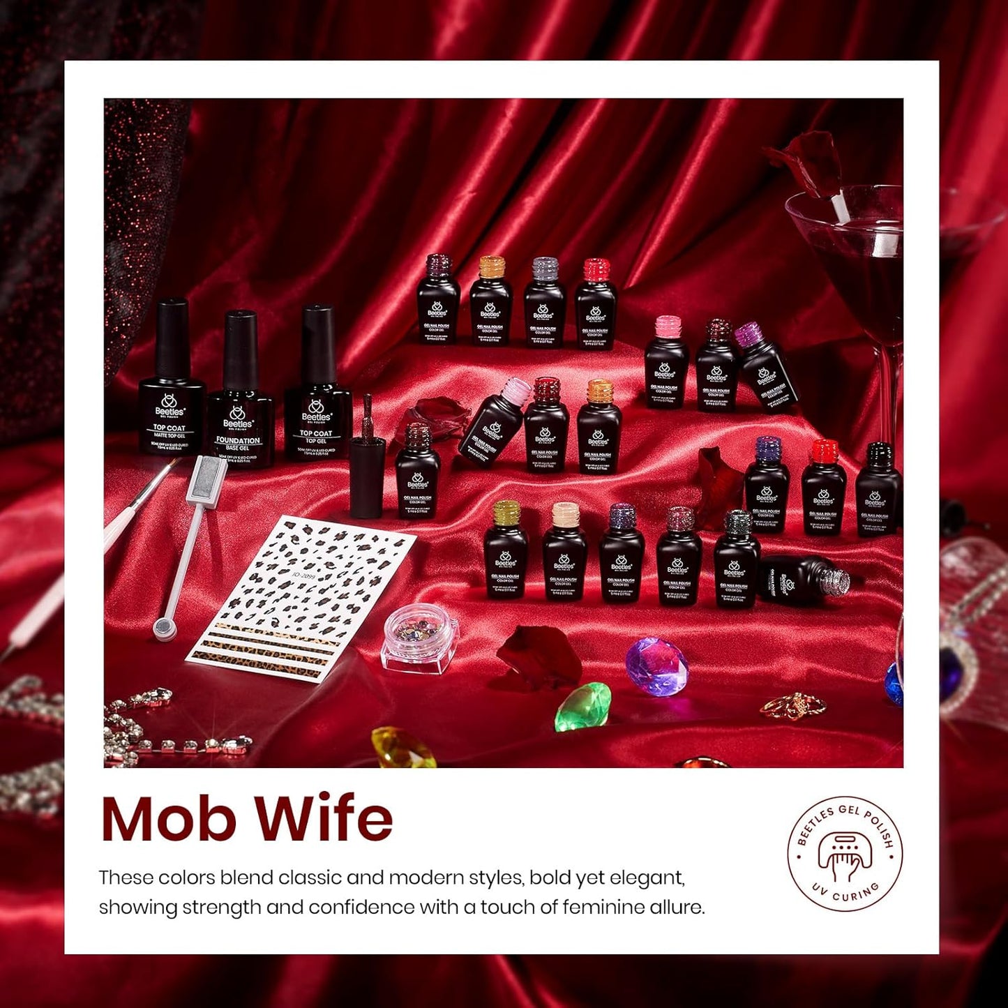 Beetles Fall Gel Polish Kit, Cat Eye Glitter 20 Colors Fall Brown Burgundy Gel Polish With Sticker Rhinestone Base Coat Glossy & Matte Top Coat Mob Wife Collection Winter Gifts for Women