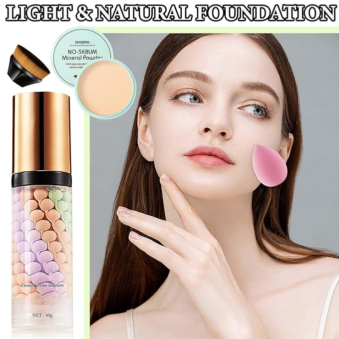 One Step Color Corrector,Natural Isolation Cream,Face Primer Makeup Tricolor Moisturizer,Correcting Primer Concealer Foundation,Setting Powder,Makeup Brushes,Makeup Sponges（4PCS)