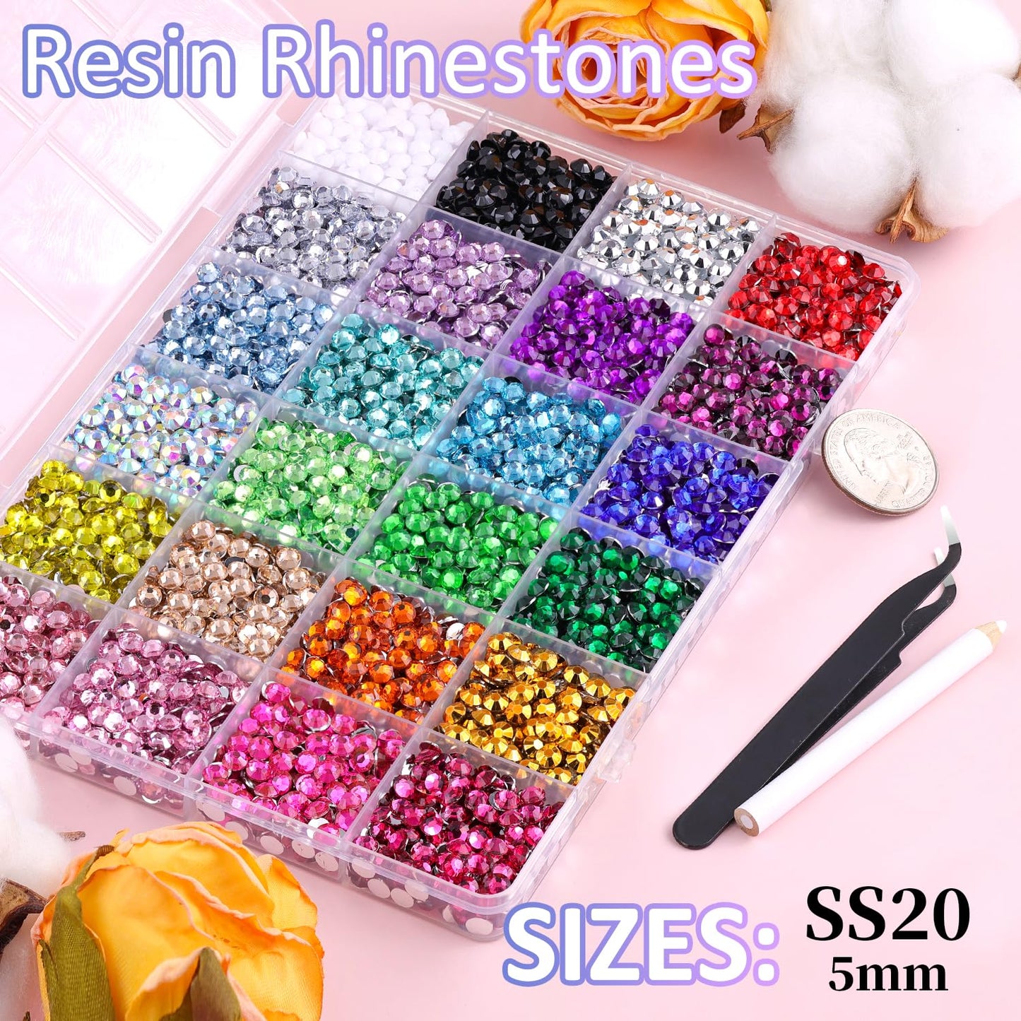 6600Pcs Resin Rhinestones for Crafting with Tweezers, Multicolor 5mm Bedazzling Crystal with 3Pcs 10ml B7000 Jewelry Glue for DIY Crafts Clothing Tumblers Shoes Fabric Nail Art