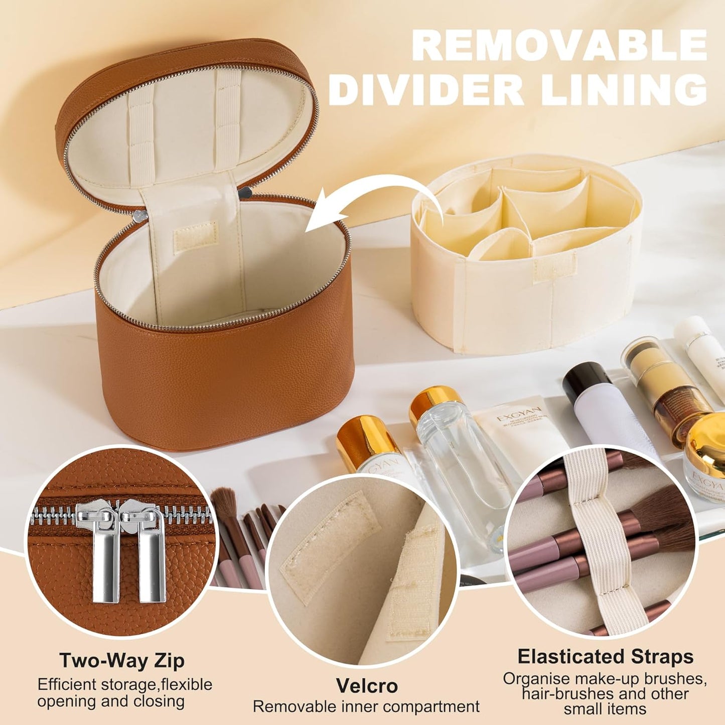 Makeup Bag Vanity Case Cosmetic Bag with Removable Divider Travel Toiletry Bag for Women Portable Make up Box Organizer, Brown