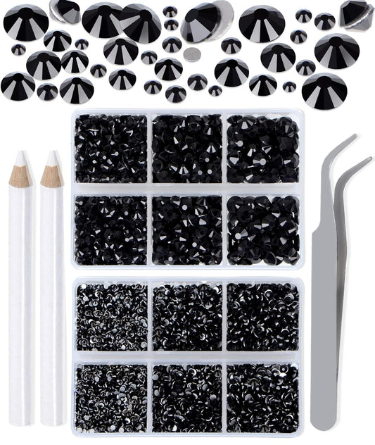 LPBeads 6000 Pieces Black Non Hotfix Rhinestones 6 Sizes Round Crystal Glass Flat Back Rhinestones with Tweezers and Picking Pen for Nail Art Crafts Clothes Bags DIY