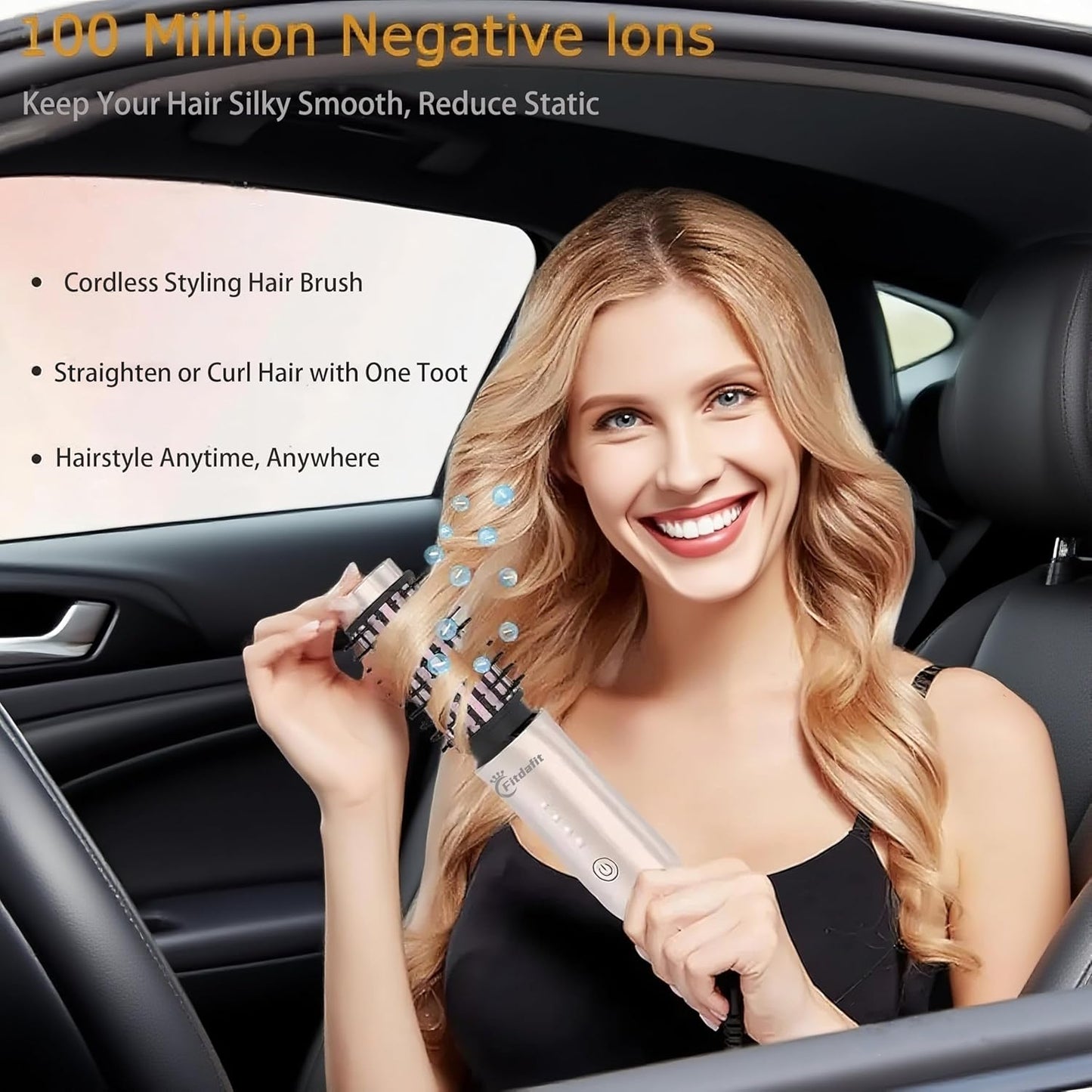 Cordless Hair Curling Iron Brush, 1.5" Mini Cordless Hair Curler, 3-in-1 Travel Curling Brush Hair Straightener Comb Rechargeable, 7000mAh Portable Ionic Heated Curling, Gold