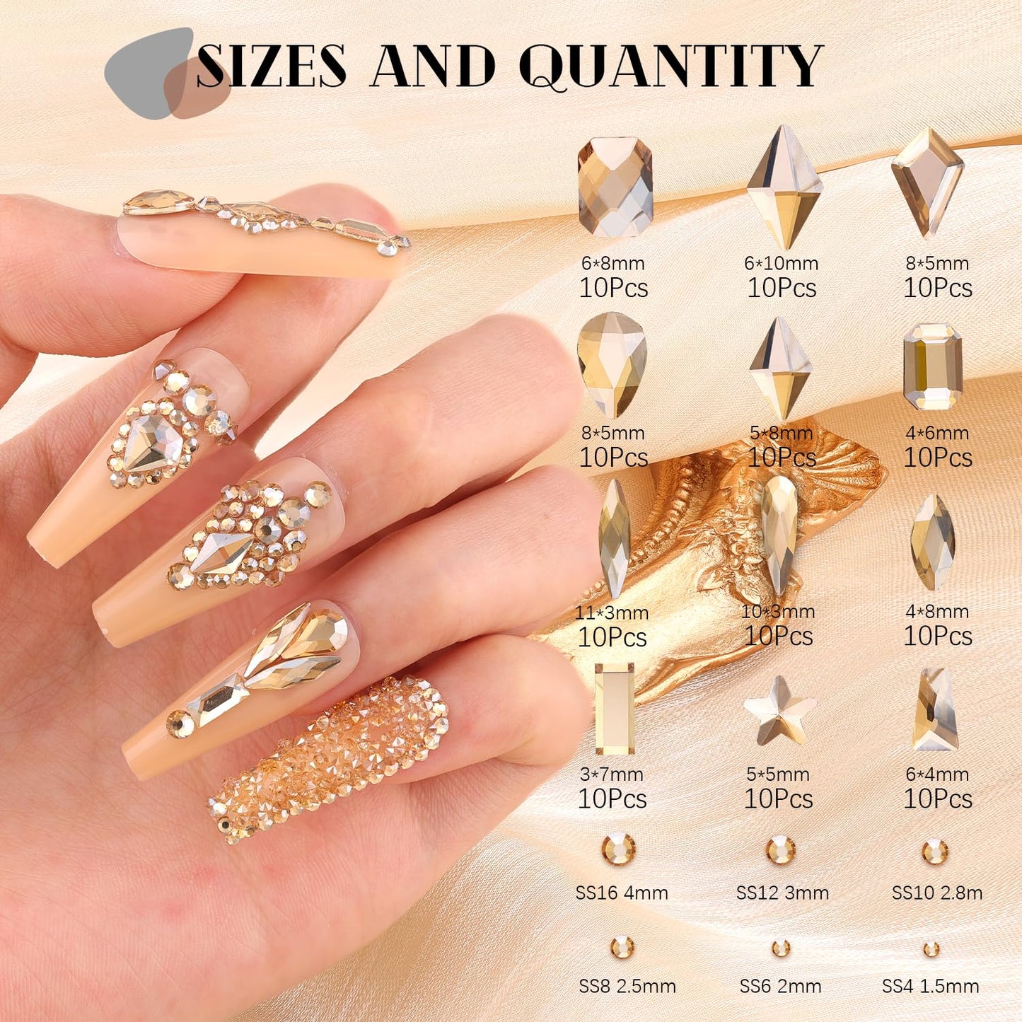 3220Pcs Champagne Gold Glass Nail Rhinestones 120Pcs Multi Shapes Flatback Nail Gems +3100Pcs 1.5-4mm Round Crystal with Rhinestones Glue Gel, Manicure Nail Charms Diamond Gemstone for Nail Art