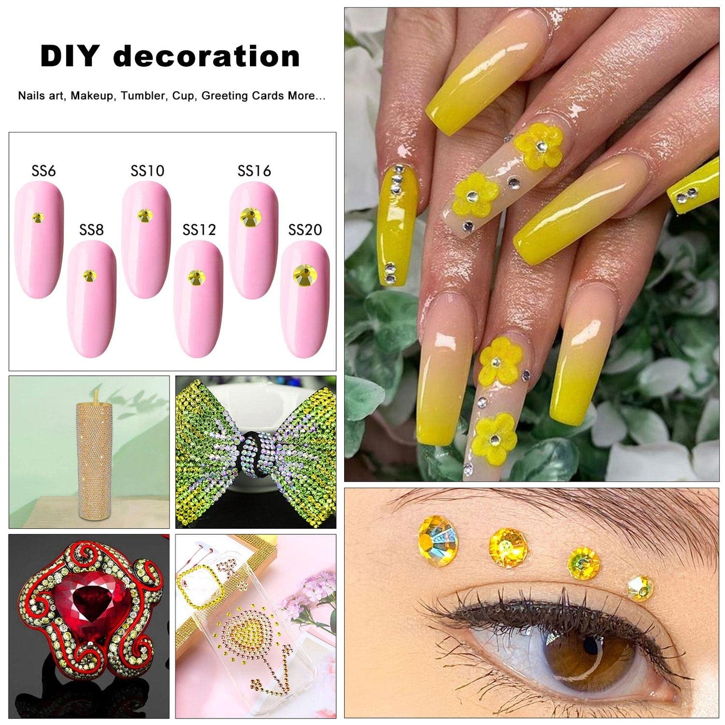 4240Pcs Flatback Yellow Rhinestones Glass Crystal Diamonds for Nail Art Crafts Tumblers Shiny Round with Tweezers and Picking Pen (SS6~SS20 Set)