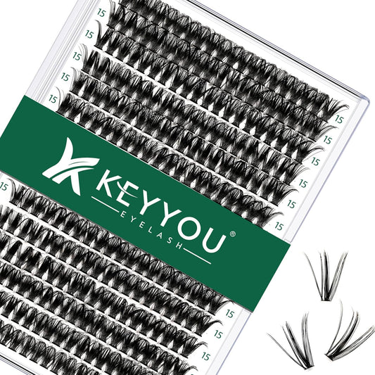 Lash Clusters 300pcs Individual Lashes 50D 0.07C Curl 15mm DIY Eyelash Extension KEYYOU Large Tray Volume Soft&Natural Cluster Lashes(50D-0.07C,15）