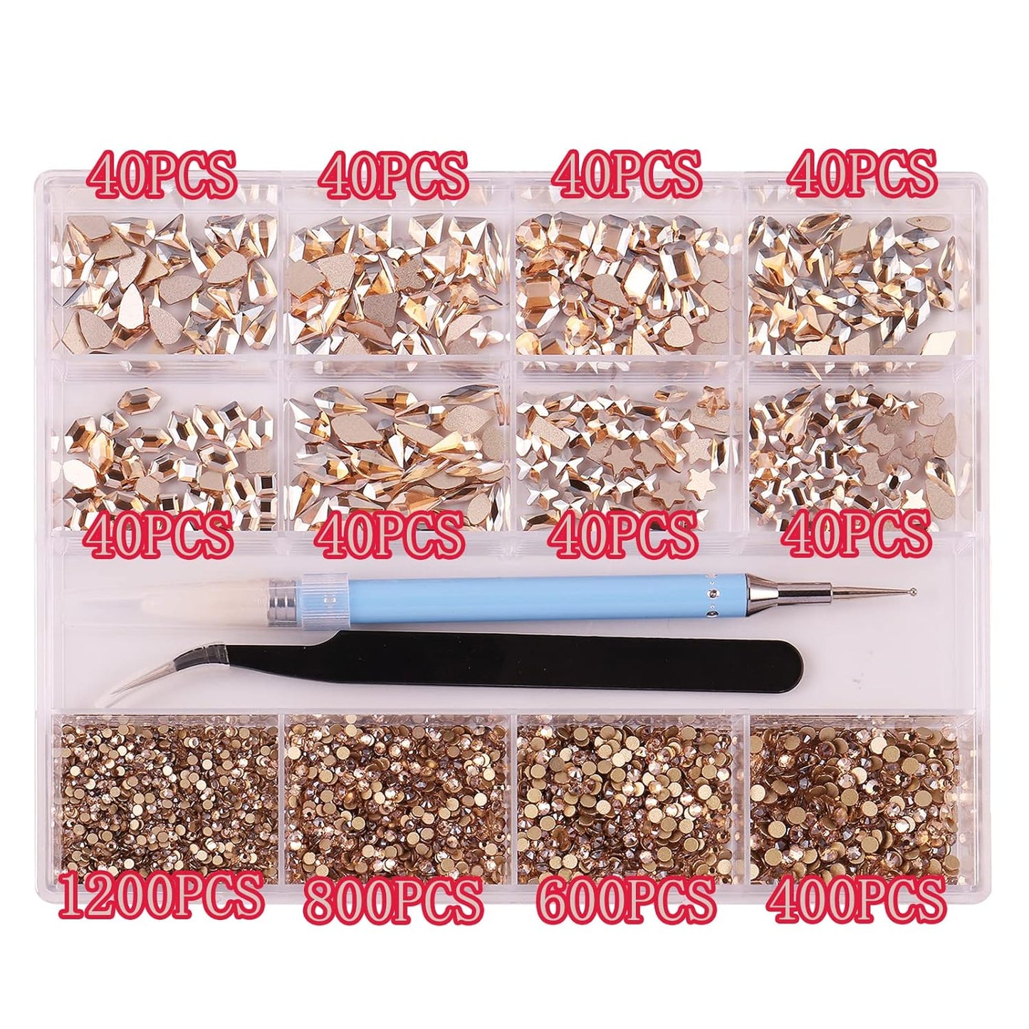 3320Pcs Champagne Nail Art Rhinestones Crystal,3D Rhinestones Gems Jewels Diamond,24 Types of 320 Diamonds + 3000 Round Beads, Crystals 3D Flat Back Gemstones for Nail DIY Crafts with Tweezers Pen