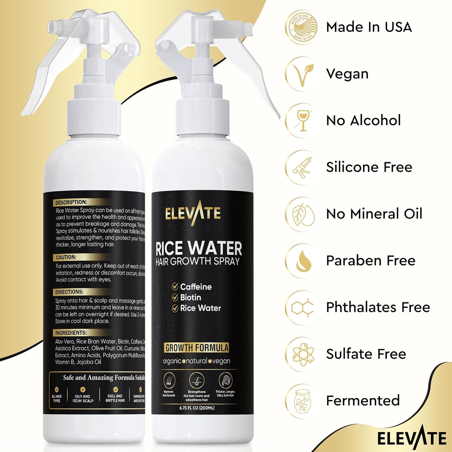 Elevate Rice Water Hair Growth Spray - Infused with Biotin, Caffeine & Aloe Vera for Thicker, Longer, Softer Hair - Fermented Leave In Mist for Thinning, Damaged Hair - Vegan & Non-Greasy