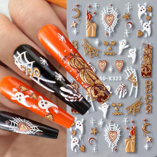Halloween Nail Art Stickers Ghost Nail Stickers Gold Nails Art Decals 5D Self Adhesive Spider Web Nails Charms for Women Girls Manicure DIY Decoration