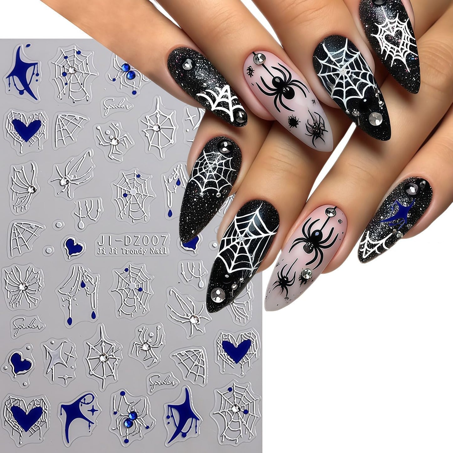 Halloween Spider Web Nail Stickers 3D Self-Adhesive Rhinestone Spider Butterfly Nail Decals Red Blue White Heart Spider Web Pattern Design Nail Sticker for Women Halloween Holiday DIY Manicure