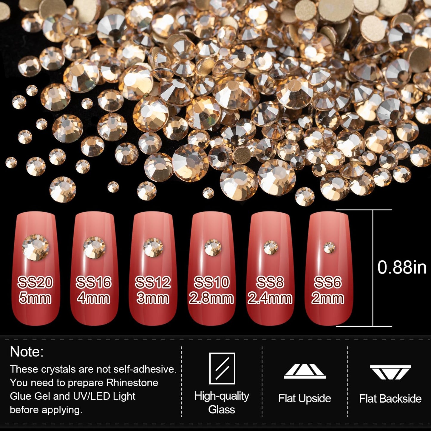 Rhinestones for Nails, Manicure Kit with Rhinestone Glue Gel, Multi Shapes Champagne Glass 3D Nail Charms + Flatback 2-5mm Round Beads & Gem Glue (UV/LED Needed) with Dotting Tools