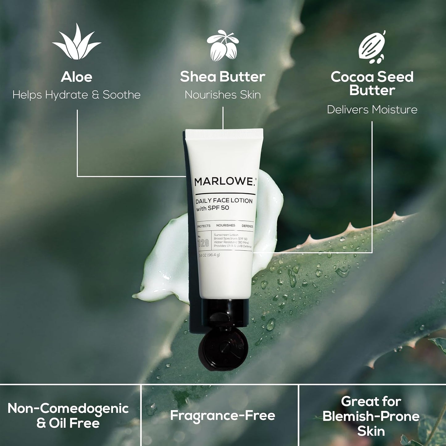 MARLOWE. No. 128 Men's Facial Lotion with Sunscreen SPF 50, 3.4 oz, Oil-Free, Lightweight Daily Face Moisturizer for Men, Includes Natural Extracts to Hydrate, Nourish & Soothe