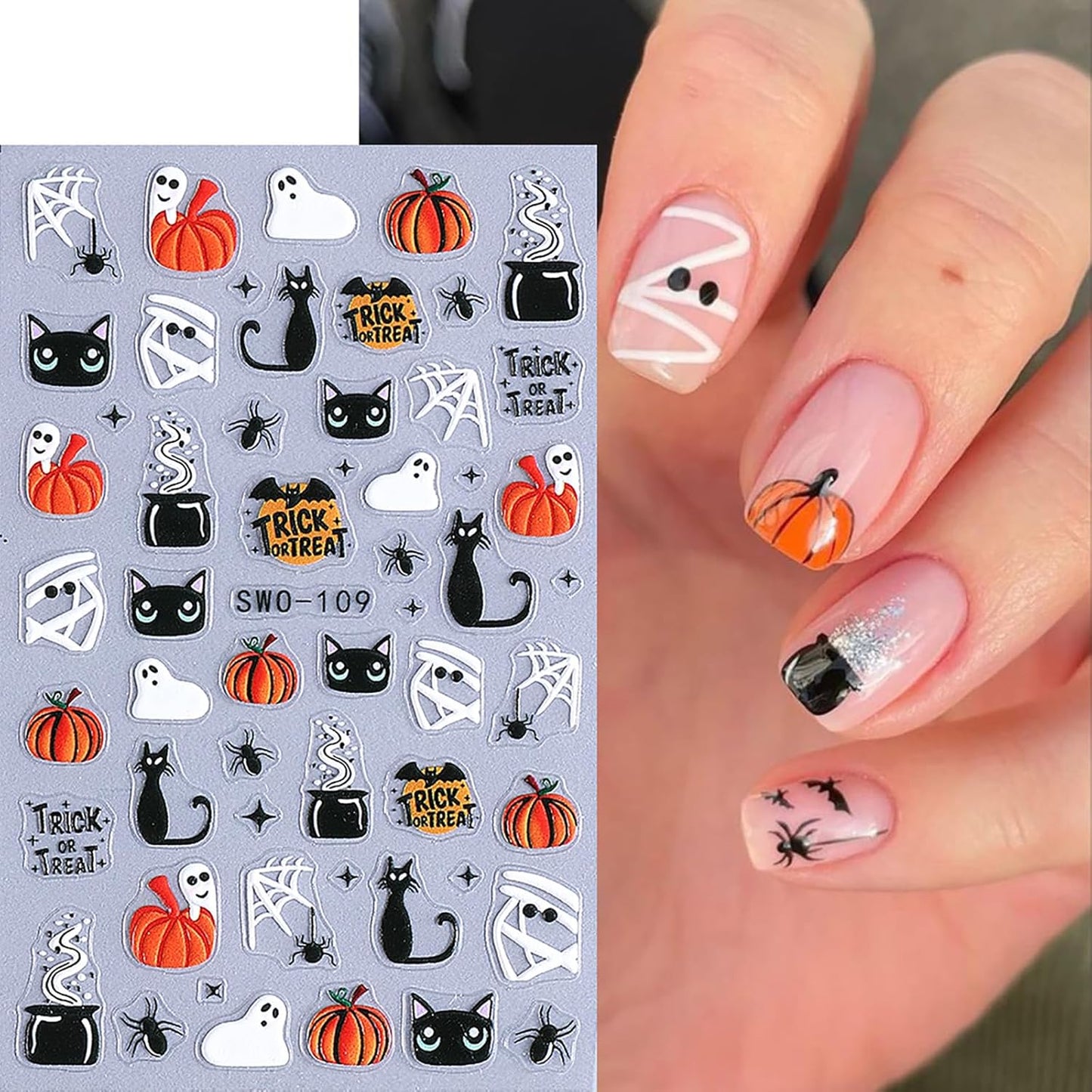 Halloween Nail Stickers 5D Spooky Nail Decals 4PCS Self-Adhesive Black Cat Pumpkins Spider Web Ghost Skeleton Hand Skull Design Gothic Halloween Nail Art Supplies for Women Holiday Nail Decorations