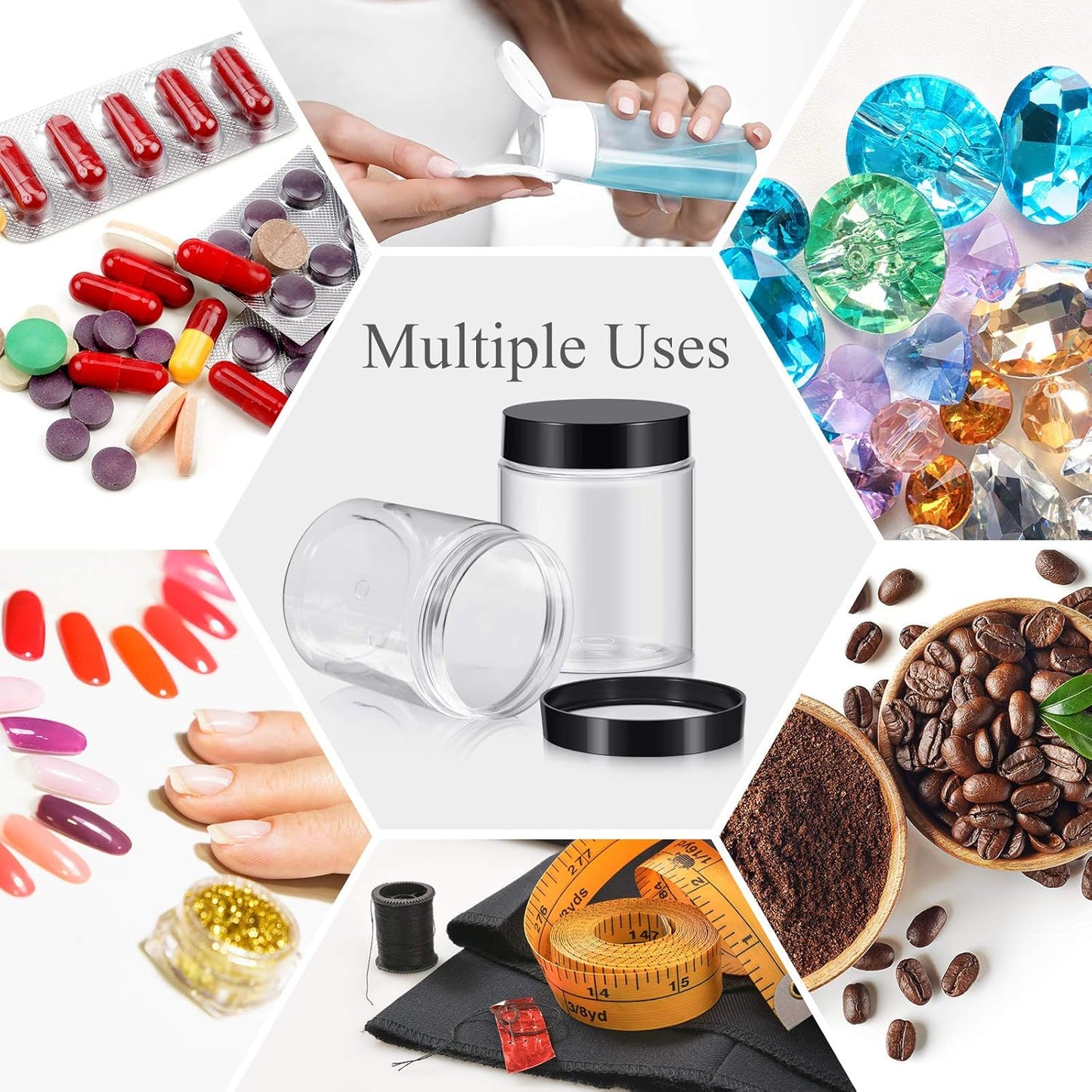 SATINIOR 100 Pcs Plastic Jars with Lids Small Containers Lids Wide Mouth Small Plastic Containers for Lotion Cream Rhinestones Body Butters Travel Storage(10 oz,Black)