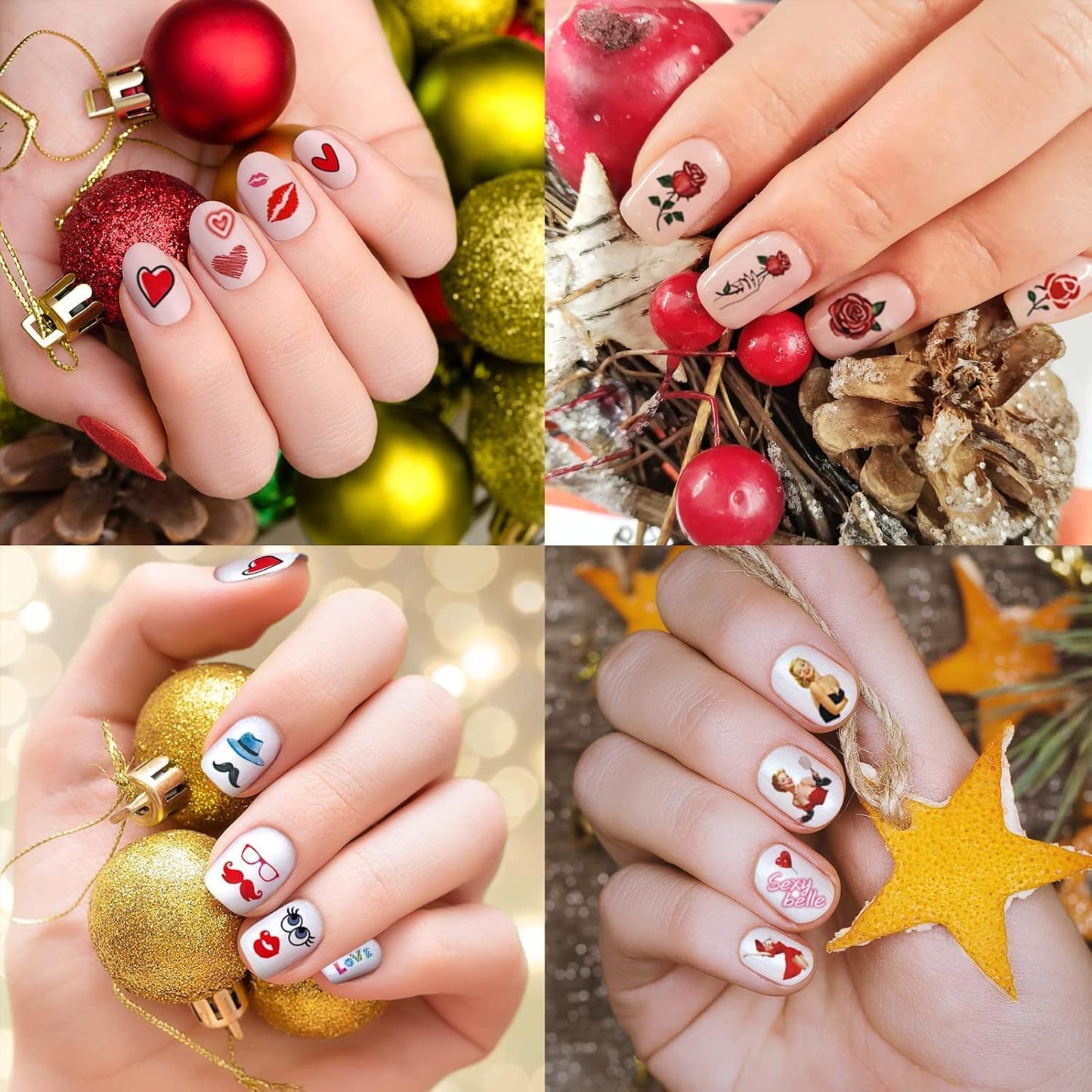 TailaiMei 12 Sheets Valentine's Day Nail Stickers, Self-Adhesive DIY Nail Art Decals, Design for kiss Love Hug (982 Pcs)