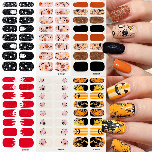 6 Sheets Spooky Halloween Gel Nail Stickers Bat Nail Wraps for Short Nails Self-Adhesive Ghost Full Wrap Nails Polish Strips Pumpkin Nails Polish Stickers Skull Gel Nail Strips for Women Nails Designs