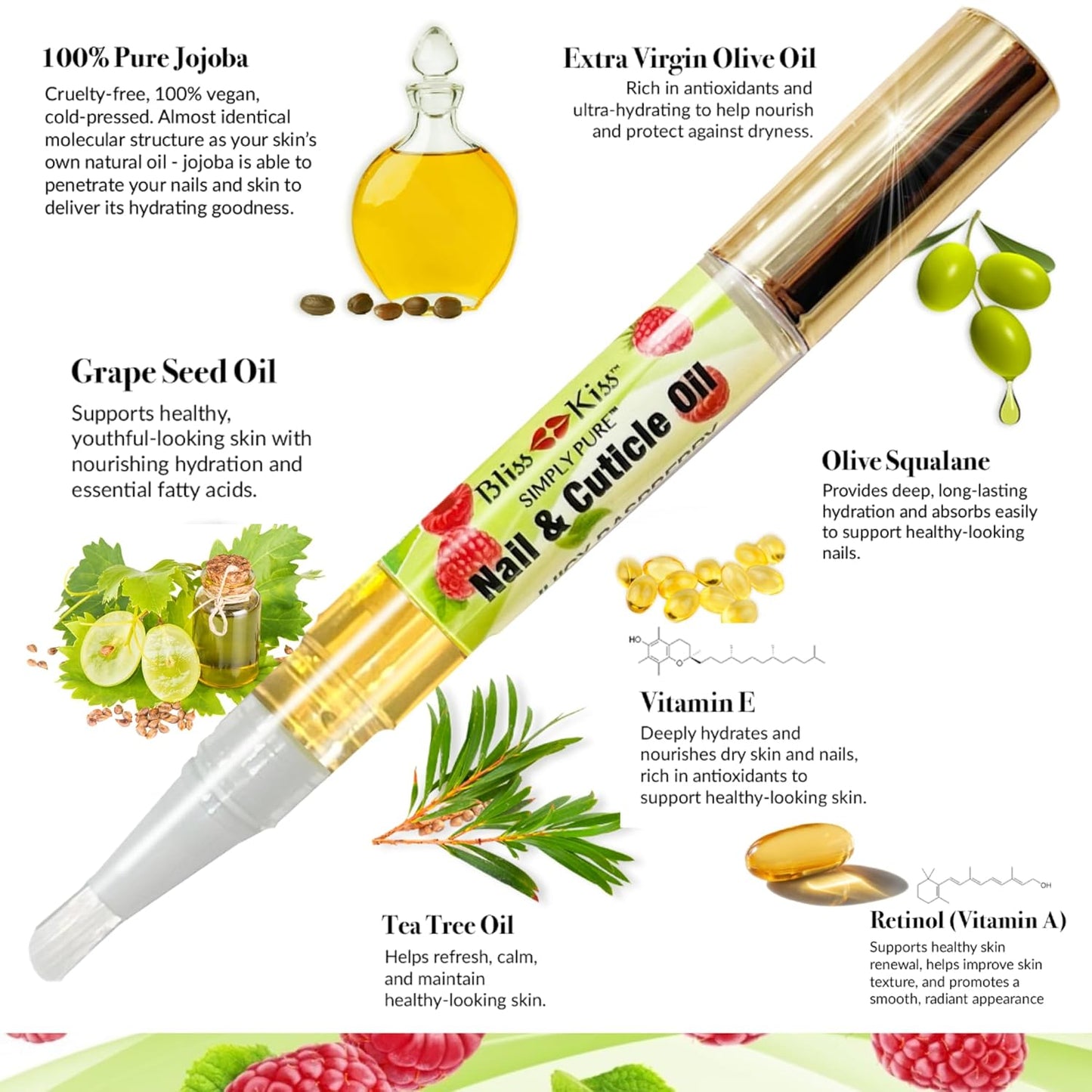 Bliss Kiss | 4 Juicy Raspberry | Oil Cuticle Pen w/Vitamin E & Jojoba⏤Nail Strengthener Nail Growth Serum for Brittle Peeling Breaking Thin Nails