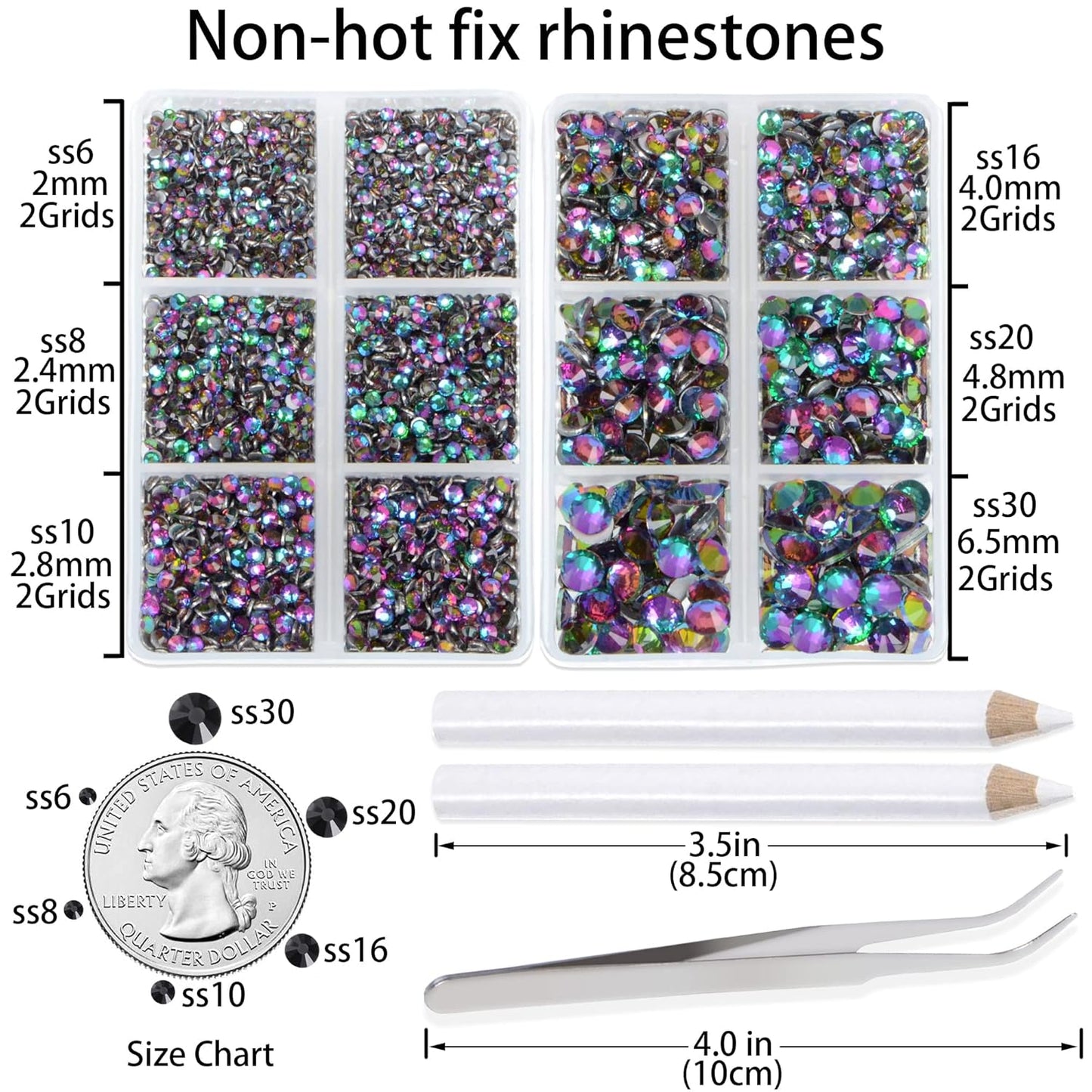 LPBeads 6000 Pieces Green Volcano Non Hotfix Rhinestones 6 Sizes Round Crystal Glass Flat Back Rhinestones with Tweezers and Picking Pen for Nail Art Crafts Clothes Bags DIY