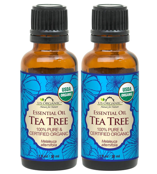 US Organic 100% Pure Tea Tree Essential Oil, Steam Distilled, USDA Certified Organic, for Hair, Skin, Scalp, Foot, Toenails, and Nail Polish - 30 ml, 2 Pack