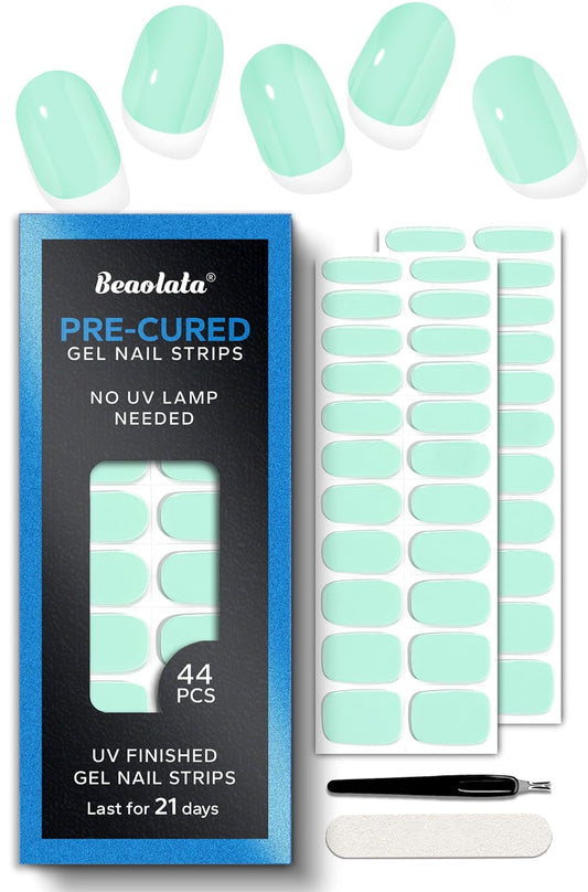 Pre Cured Gel Nail Strips - 44PCS Salon Quality Gel Nail Stickers - Long Lasting Polish Wraps for Women no UV Light Needed Easy Apply& Remove (Lime Green）
