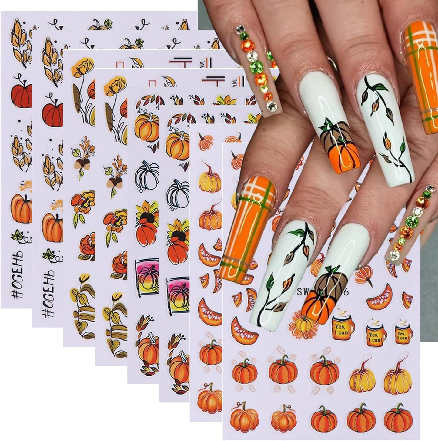 Pumpkin Nail Stickers Fall Nail Decals 3D Self Adhesive Nail Art Stickers Orange Flower Fallen Leaves Sunflower Star Design Thanksgiving Sticker for Nails Decor Manicure Supplies for Women 8 Sheet