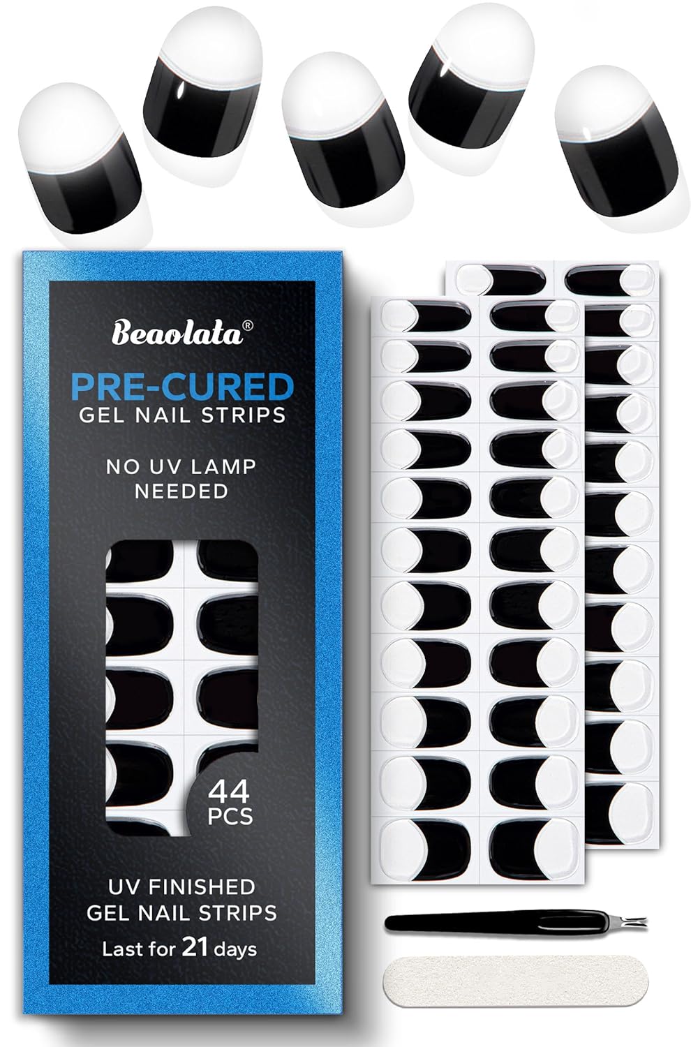 Pre Cured Gel Nail Strips - 44PCS Salon Quality Gel Nail Stickers - Long Lasting Polish Wraps for Women no UV Light Needed Easy Apply& Remove (Timeless Black)