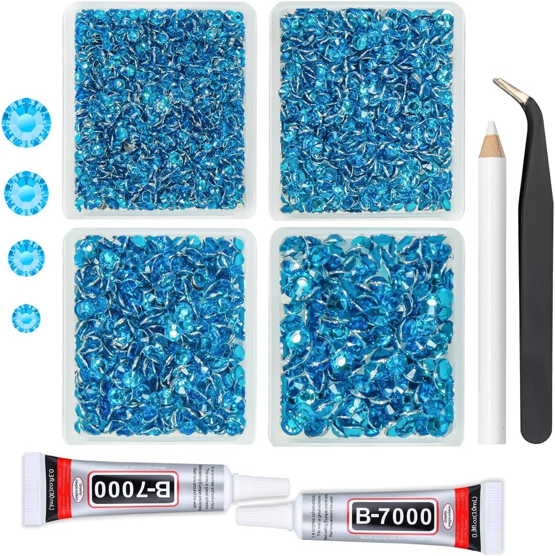 4 Boxes Classic Jean Blue Resin Crystal Rhinestones w B7000 Jewelry Glue for Bedazzling Crafting 3mm 4mm 5mm 6mm Flatback Stones Diamonds Crystals Gems for Face Makeup Tumblers Bottles Crafts