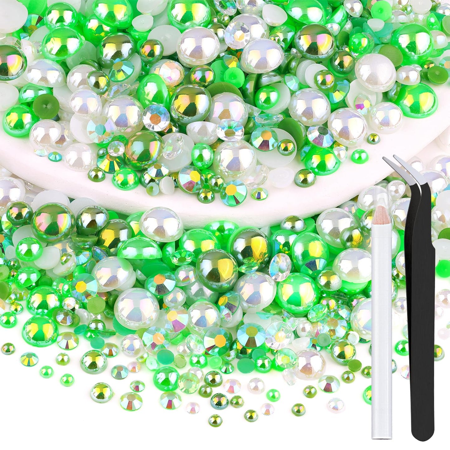 80g Flatback Pearls and Rhinestones for Crafting, Green Mixed Size 3-10mm Resin Rhinestones and Half Pearls for Bedazzling, Nail Art and Decoration with Tweezer and Pickup Pencil