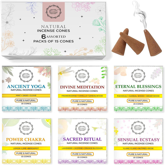 Raajsee Natural Incense Cones,6 Pack Mixed Scents Gift Pack 15 pc Each (90 Total), Insense Cones Variety Pack, 100% Organic Non Toxic Natural - Hand Rolled Free from Chemicals (Pack 3)