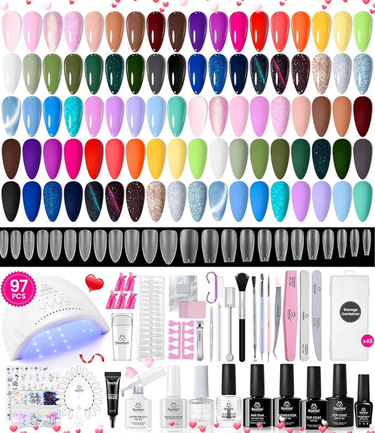 Beetles Gel Nail Polish Kit with U V Light 97Pcs Travel Holiday 45 Colors Gel Polish Set with Nail Stamp Nail Tips Base Top Coat All Season Gel Polish Starter Kit Gift for Women