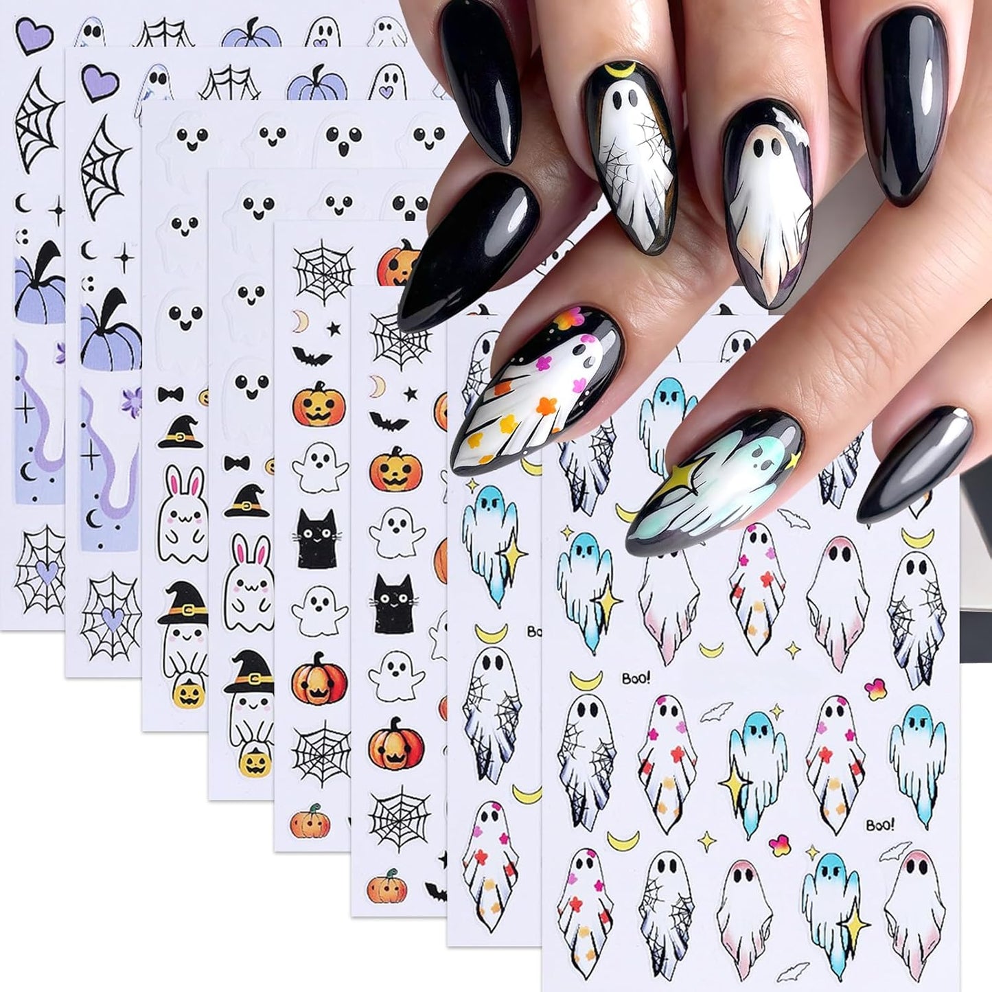 8Sheets Halloween Cute Heart Ghost Nail Stickers 3D Self-Adhesive Pumpkin Spider Web Nail Decals Pumpkin Bat Spider Web Black Cat Nails Design Star Nail Accessories for Women Holiday Manicure Decor