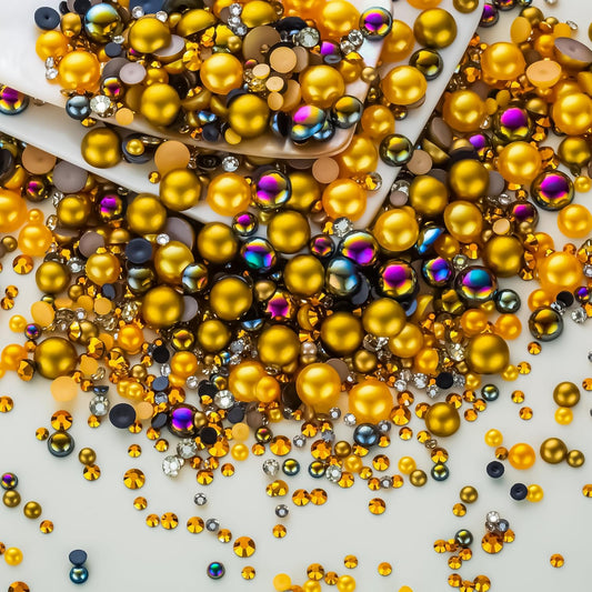 60g Gold Flat Back Pearls Rhinestones for Crafts Mixed Size 3mm-10mm AB Color Round Half Pearls Flatback Pearl Beads and Resin Rhinestones Set for Face Art with Glue