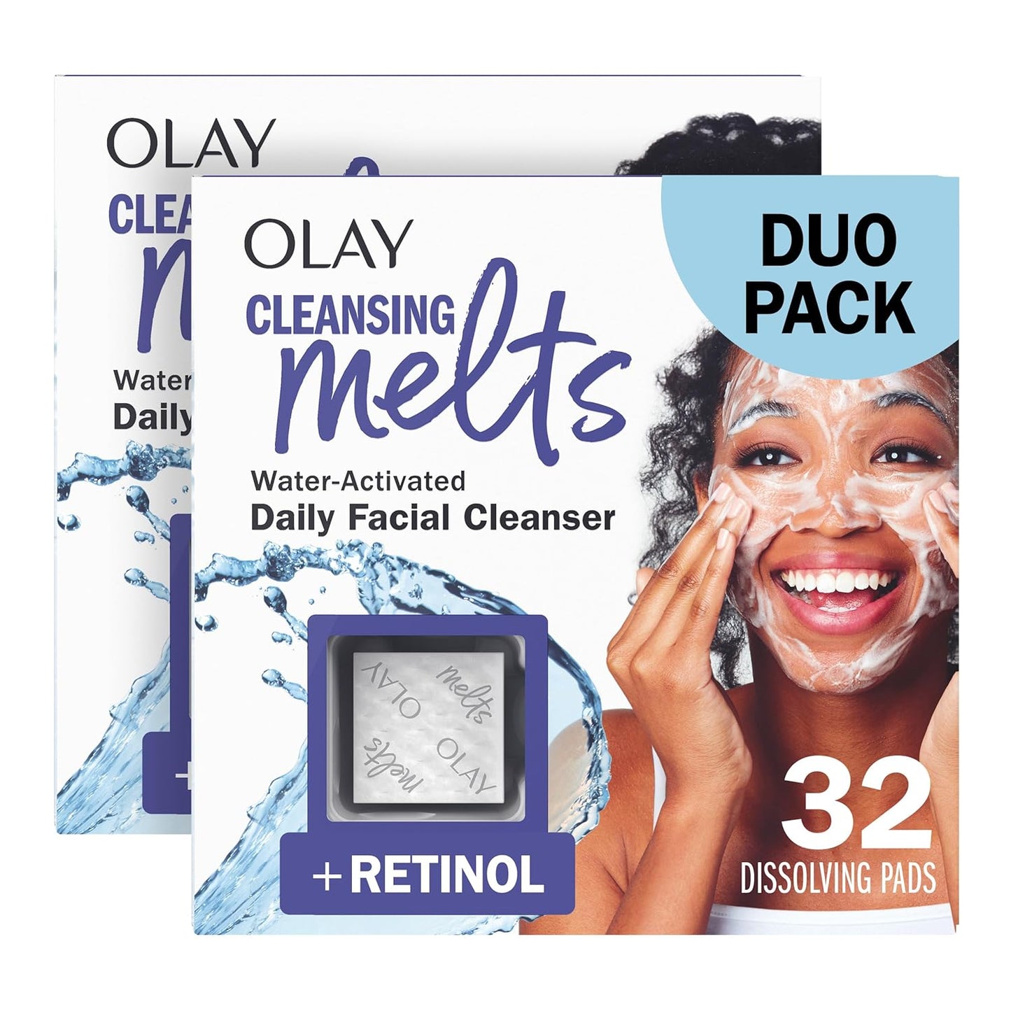 Olay Face Wash, Retinol Cleansing Melts, Fragrance-Free, Daily Use Gentle Cleanser, For All Skin Types, Travel Size, Water-Activated to Clean, Tone, and Refresh, 64ct (2 Pack x 32ct)