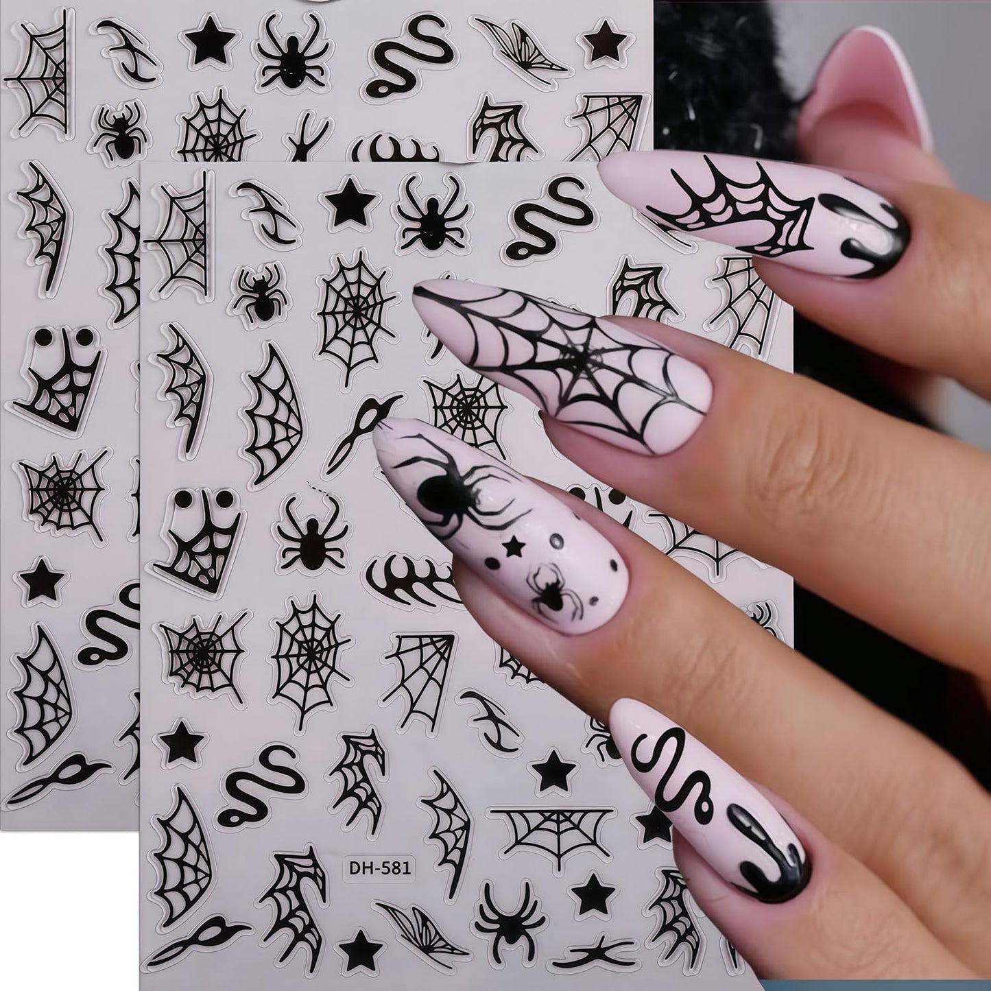 8 Sheets Halloween Nail Art Stickers Spider Web Nail Decals 3D Self-Adhesive Black Silver White Gold Snake Spiders Spider Web Nail Stickers Design Holiday Sticker for DIY Nails Decoration Accessories