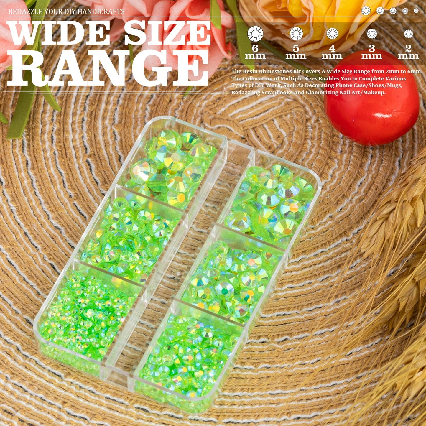 Resin Rhinestones Crafting, 2/3/4/5/6mm Flatback Jelly Rhinestones, 1 Box Transparent Grass Green AB Non Hotfix Crystal Gems for Bedazzling Crafts Mugs Tumblers Clothes Makeup Nail