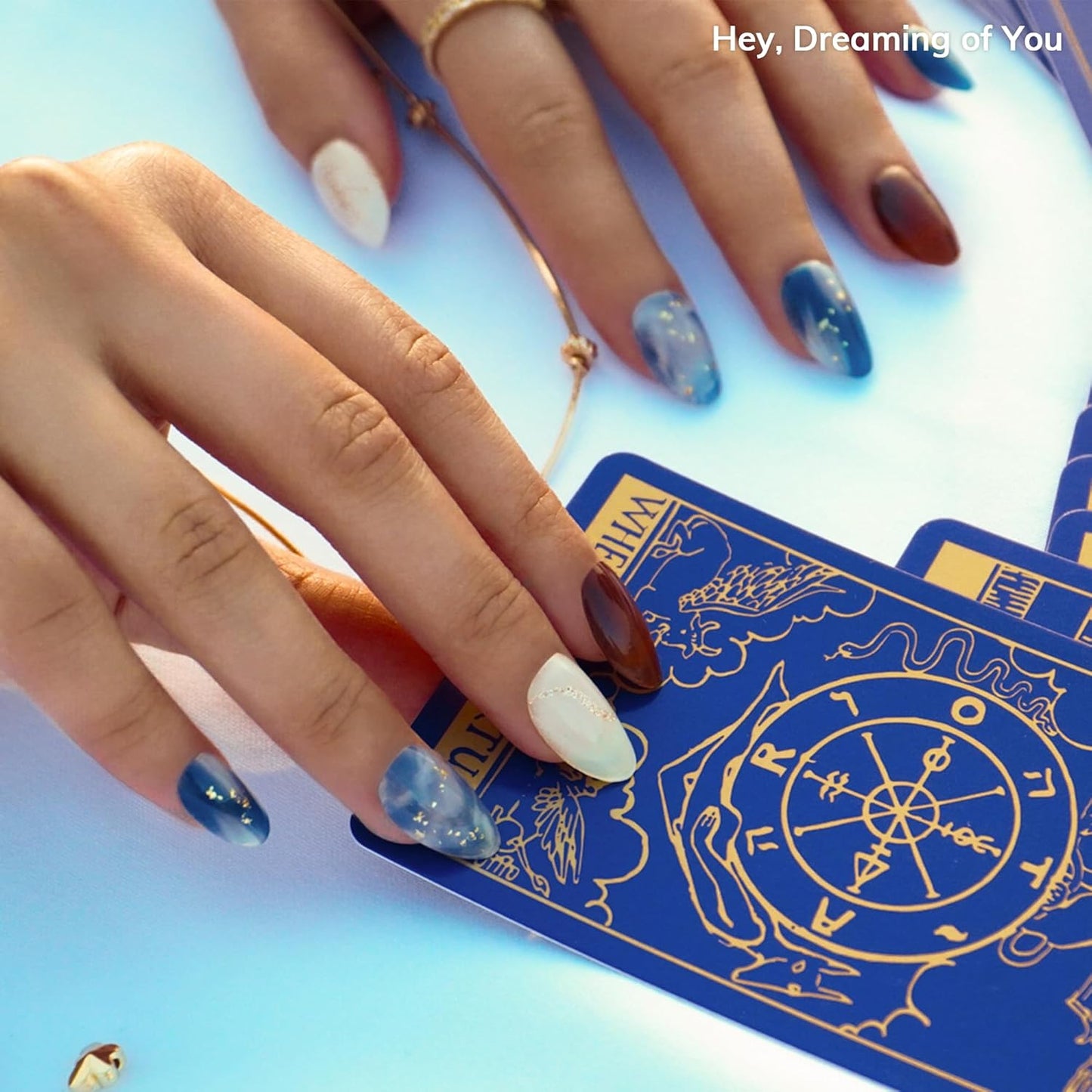 Semi Cured Gel Nail Strips | No LED Lamp Needed | Marble, Blue, Spring | Easy Apply & Remove, Salon Quality | Includes 28 Strips, 1 Prep Pads, Nail File & Wooden Stick - Hey, Dreaming of You