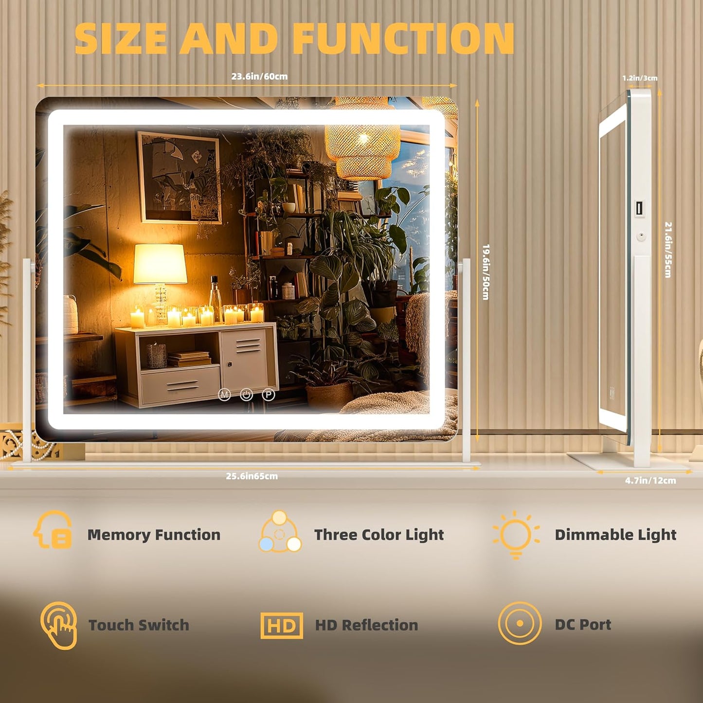 Vanity Mirror with Lights, 25.6'' x 22'' Lighted Makeup Mirror, Touch Screen with 3-Color Lighting, Dimmable for Vanity Desk Tabletop Round White