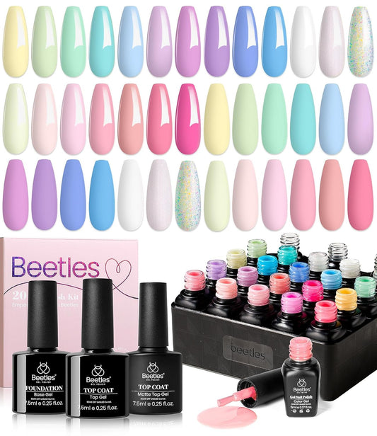 beetles Gel Polish Nail Set 20 Colors Spring Pastel Girly Sparkle Glitter Uv Gel Dreamy Town Collection Macaroon Bright Pastel Nail Manicure Kit with 3Pcs Base Top Coat Gift for Women