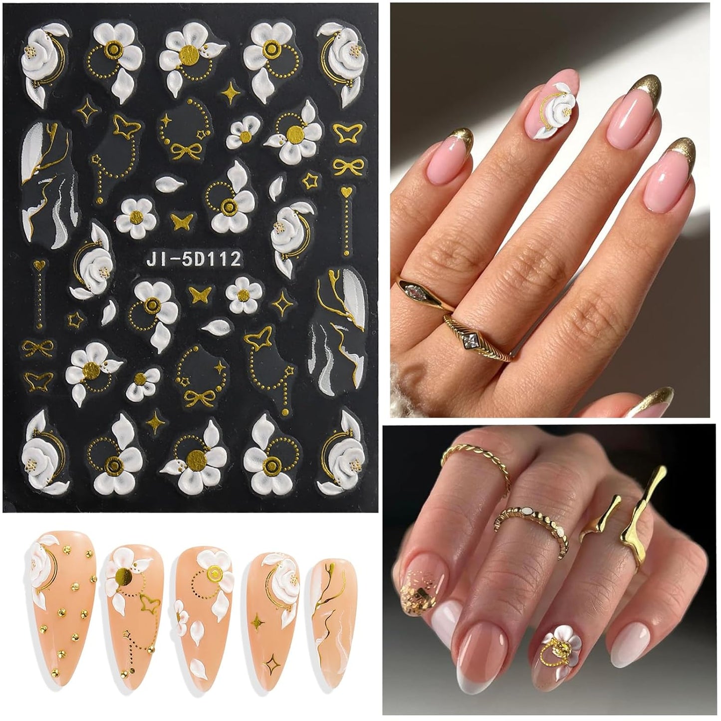 5 Sheets 5D Flower Nail Art Stickers Embossed Nail Decals Spring Summer Nails Art Design 3D Self-Adhesive Nails Supplies White Yellow Blue Colorful Flower Stickers for Women Nail Decoration
