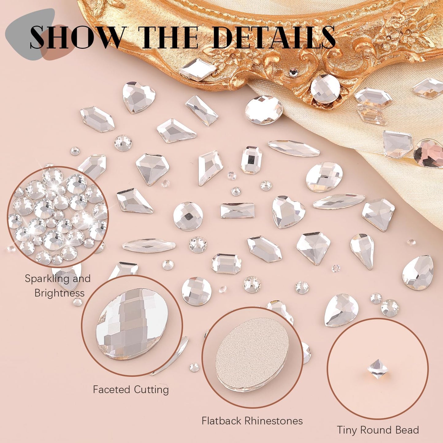 2060Pcs Silver Clear Nail Rhinestones 60Pcs Multi Shapes Glass Flatback Nail Gems + 2000Pcs 1.5-4mm Round Crystal, Manicure Nail Charms Diamond Gemstones for Acrylic Nails Decoration