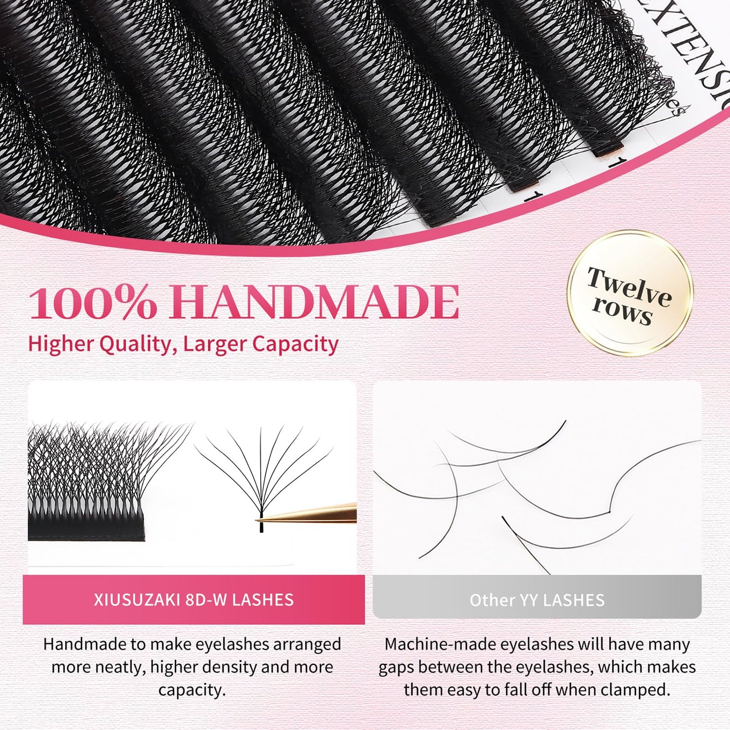 W Lash Extensions Supplies 8D Eyelash Extensions W Shape 0.07mm Thickness C Curl 13mm Premade Fans Easy Fan Lashes Volume Matte Black 12 Rows Crisscross Eye Lashes(W-8D-0.07-C,13mm)